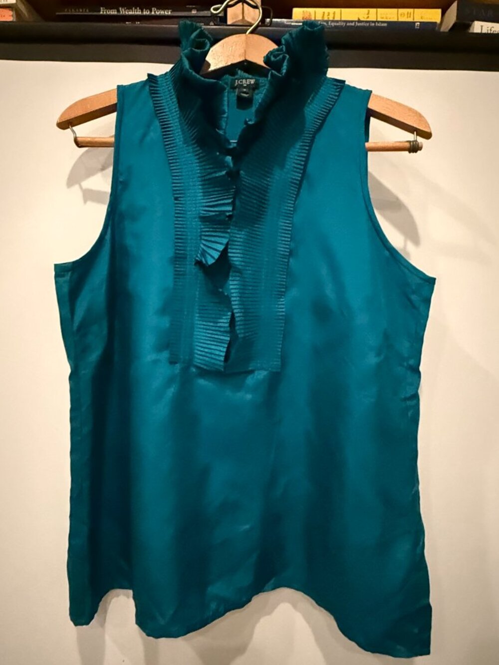 J.Crew teal silk pleated ruffle-neck blouse